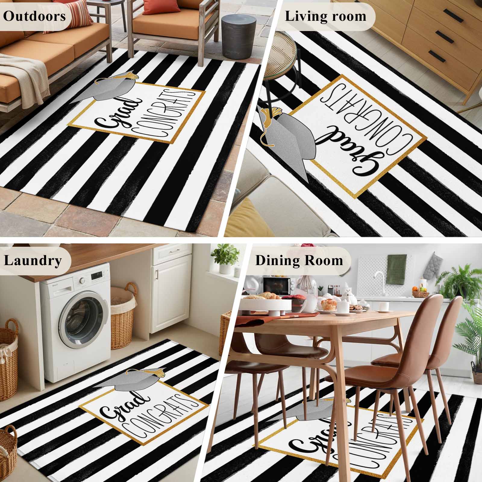 Rectangle Area Rug 4x6ft, Graduation Hat Golden Lines Border Non-Slip Non-Shedding Floor Mat, Black White Stripe Washable Sturdy Carpet for Living Room Bedroom Home Decor