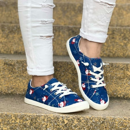 

Fashion Autumn And Winter Women Casual Shoes Round Toe Flat Bottom Non Slip Comfortable Lace Up Christmas Print