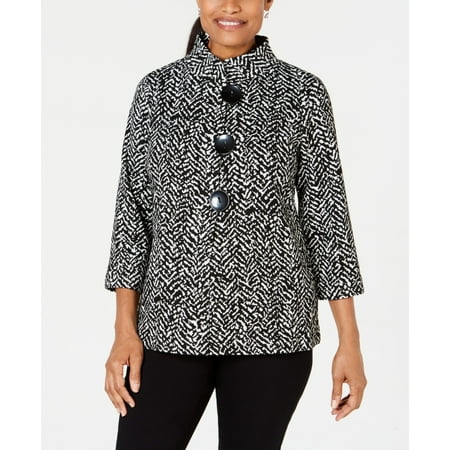 JM Collection Women's Printed 3/4-Sleeve Jacket Black Size Petite Medium