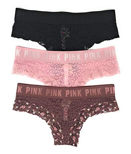 New VICTORIA'S SECRET PINK Pink with Lace Black Dog Logo Cotton Boyshort Panties 