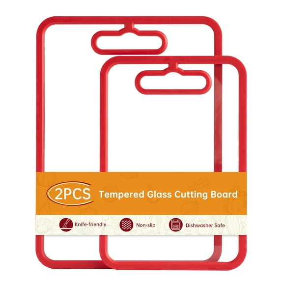 2Pcs Red Glass Cutting Board for Kitchen, Tempered Glass Chopping Board with Non-Slip Edges, Dishwasher Safe Clear Cutting Board Set, Heat & Shatter Resistant, 15"×11" & 13"×9"