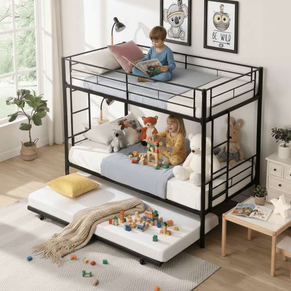 Enyopro Twin Bunk Bed with Trundle, Metal Bed Frame Bunk Beds for Teens Adult with Ladder and Safety Guardrails, Twin over Twin Bunk Bed Can be Split into 3 Twin Bed, TE736