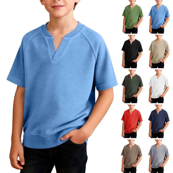 SROBPTY Teen Boys Summer Short Sleeve Tops Solid Fashion Lightweight V Neck Tee Shirts for Daily Use