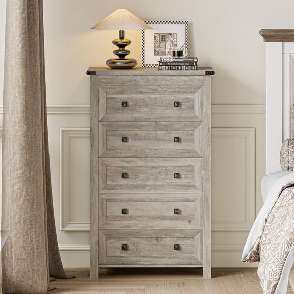 Tall 5 Drawer Grey Storage Dresser, Wood Chest with Metal Handles for Home