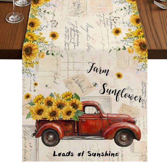 Table Runners 120 Inches Long Dress Scarves, Sunflower Truck Farmhouse Coffee/Dining/Kitchen Table Runner for Living Room, Yellow Floral Summer Botanical Elegant Pastoral 13x120 Inch