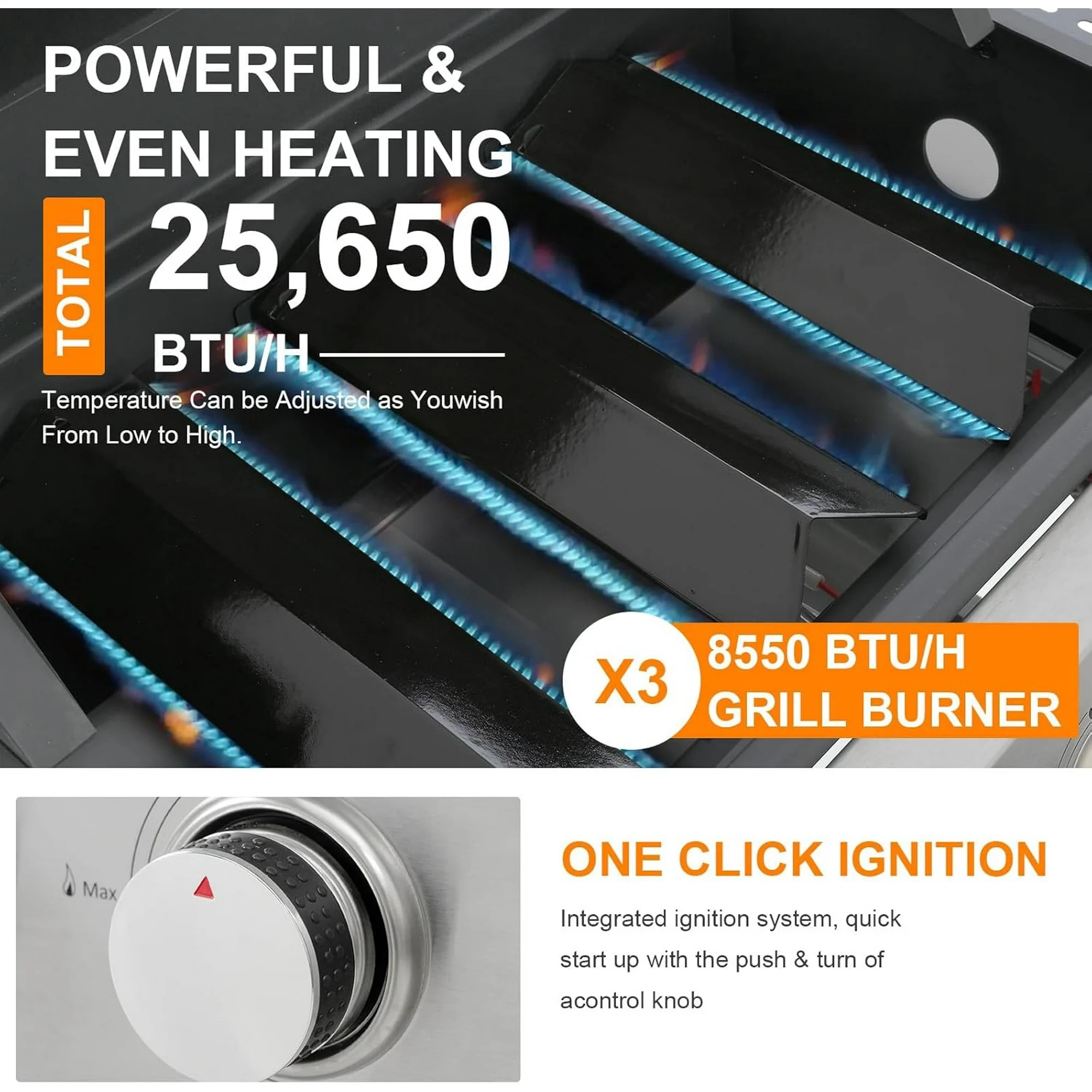 3 Burner Grill Propane Gas Grill, Outdoor Stainless Steel 25650 BTU Patio Garden BBQ Grill with Lid, Wheels, RV Camping Barbecue