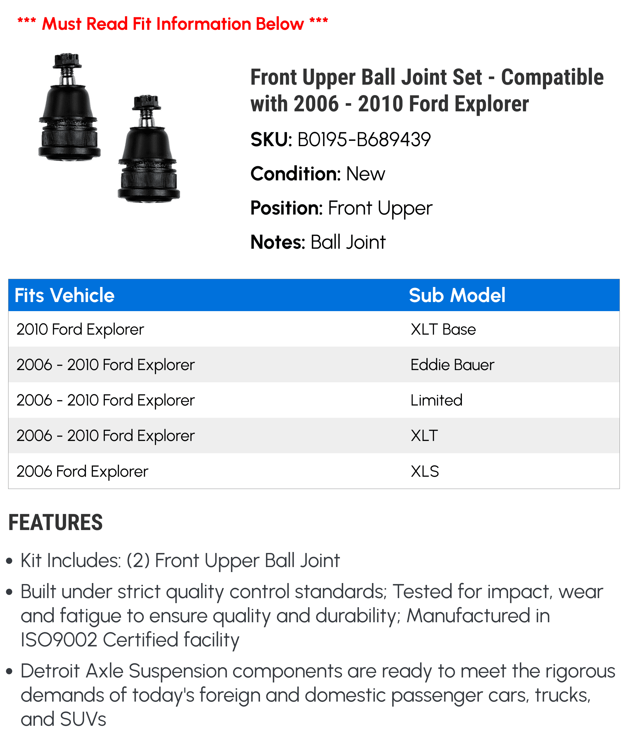 Front Upper Ball Joint Set - Compatible with 2006 - 2010 Ford Explorer 2007 2008 2009