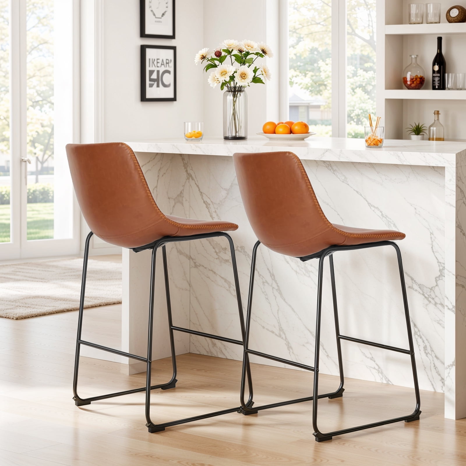 4-Pack Counter Height Bar Stools, Faux Leather Barstools with Back, 26 inch Seat Height Island Stools Countertop Brown Bar Chairs with Metal Legs