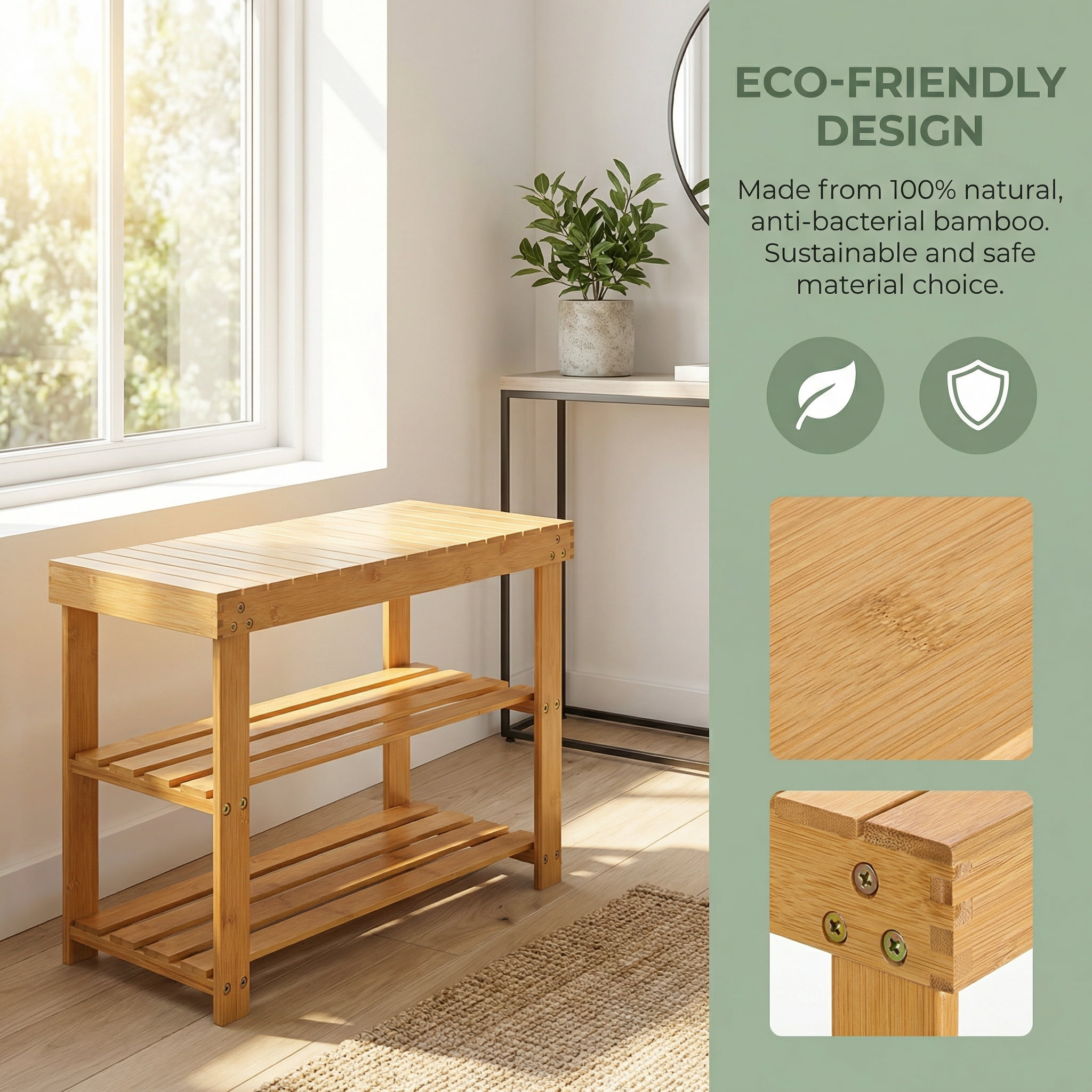 CHITOOMA 3 Tier Bamboo Shoe Storage Bench for Entryway, Wood Hallway Shoe Rack Shoe Organizer Shelf for Living Room Bedroom, Natural