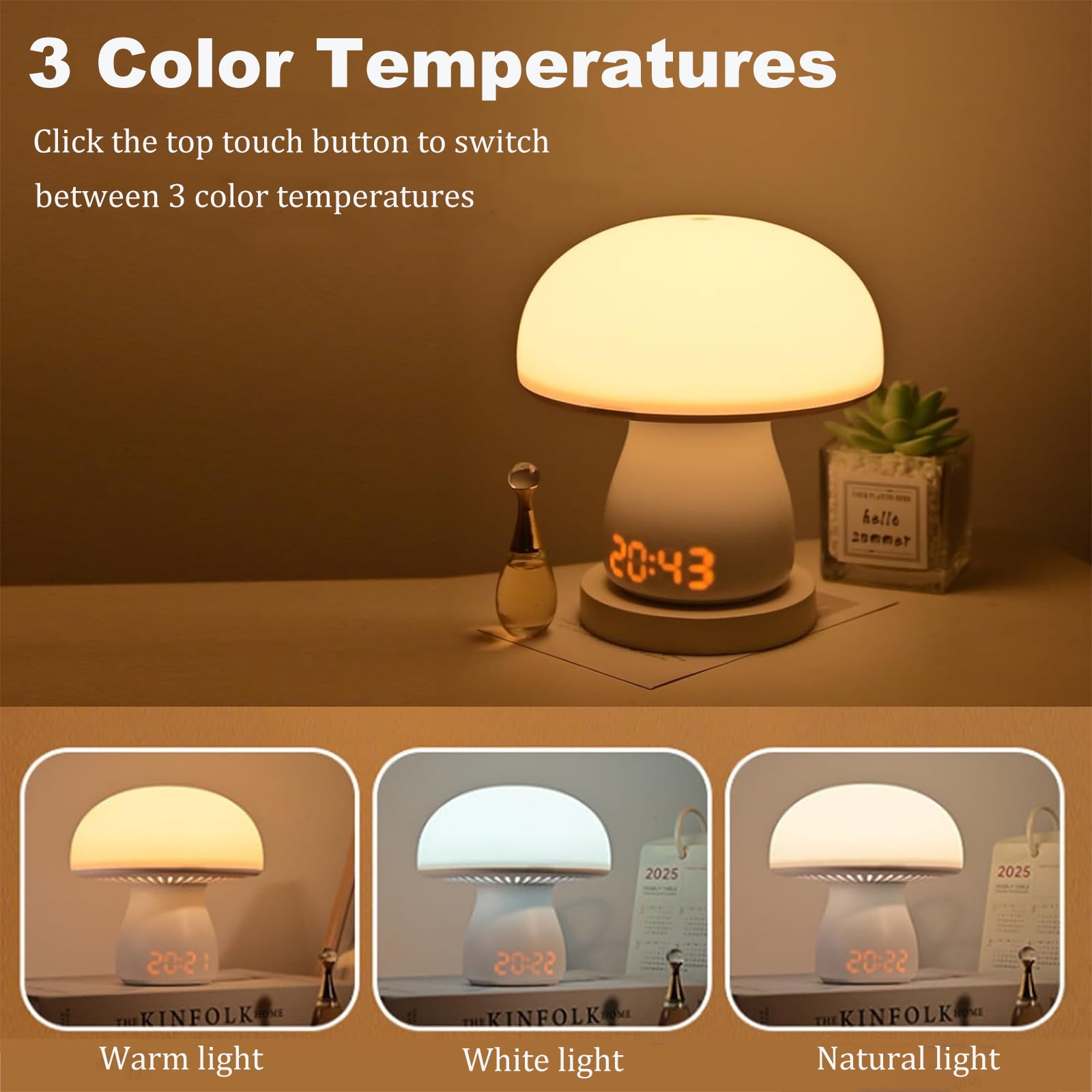 Mushroom Night Light for Kids, Rechargeable Touch Mushroom Lamp with Timer & Clock Display, 3 Color Temperatures Dimmable Nursery Lights Bedside Lamp, Cute Lamp for Girls Boys Baby Toddlers