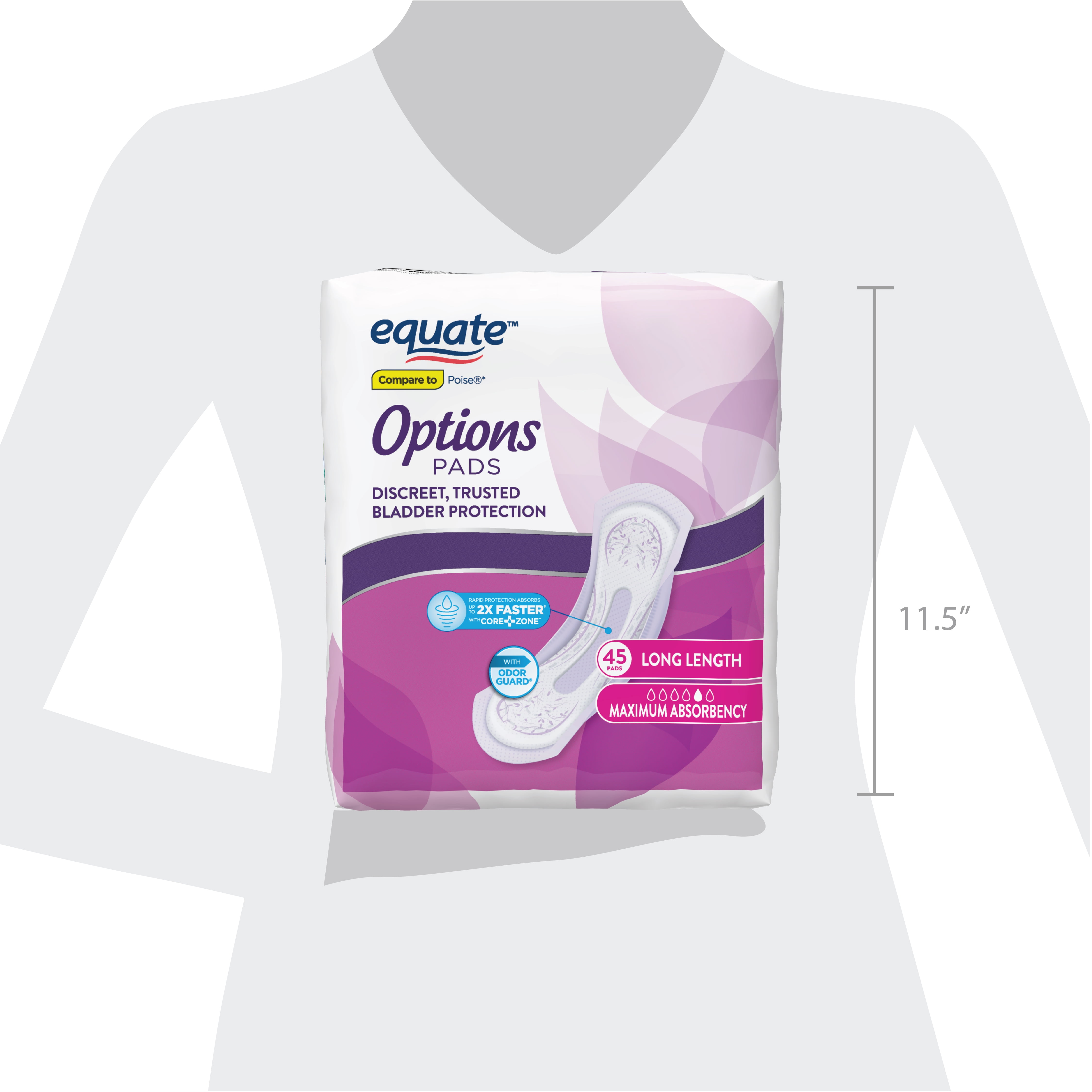 Equate Options Women's Incontinence Pads, Maximum Absorbency, Long Length, 45 Count