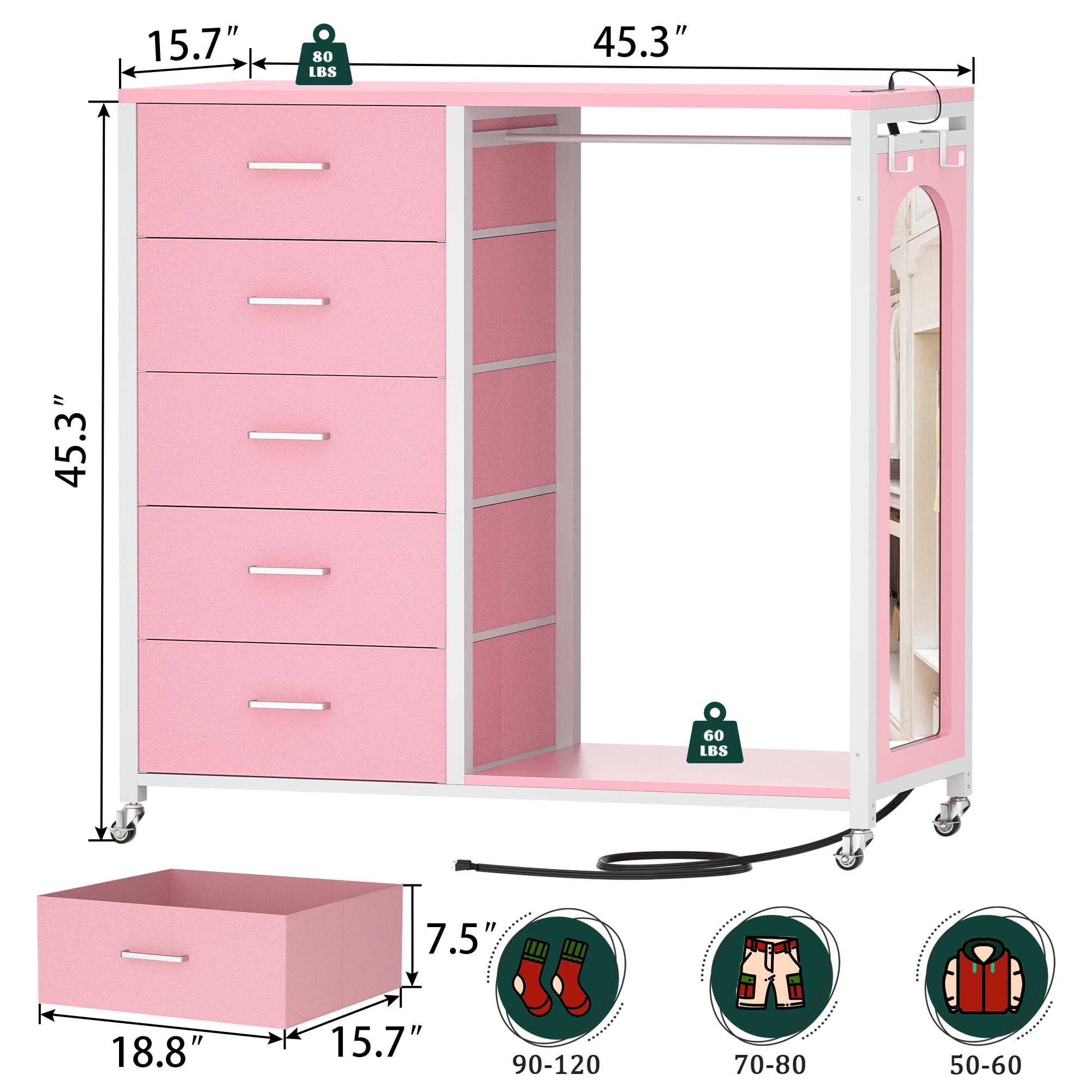 Homieasy Dresser for Bedroom with Clothes Rack & Mirror, Black 5 Drawers Dresser with Charging Station & LED Lights, Rolling Chest of Drawers with Wheels, Full Length Mirror, Wooden Top