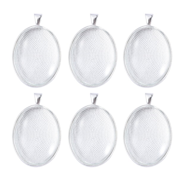 EeaseMX Kit de 6 colgantes ovalados de 30 x 40 mm para hacer uno mismo, bandeja para colgante, bisel, cadena de cristal (plata brillante)