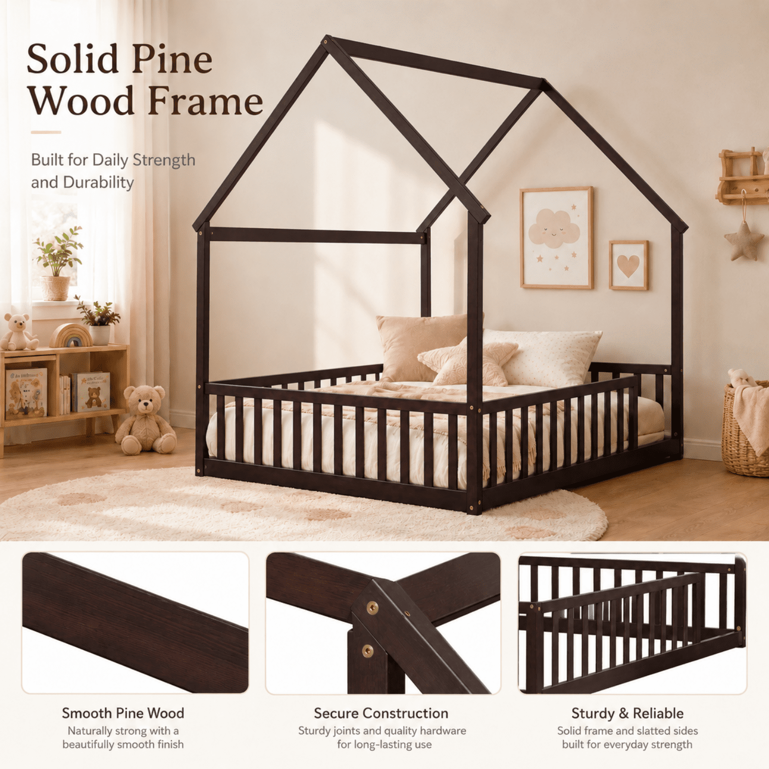 Miniyam Full Size Kids House Floor Bed with Fence, Wood Montessori Bed Frame, Espresso