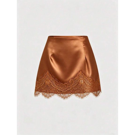 Coffee Brown Satin Mini Skirt With Intricate Lace Trim, A-Line Elegant Design For Women