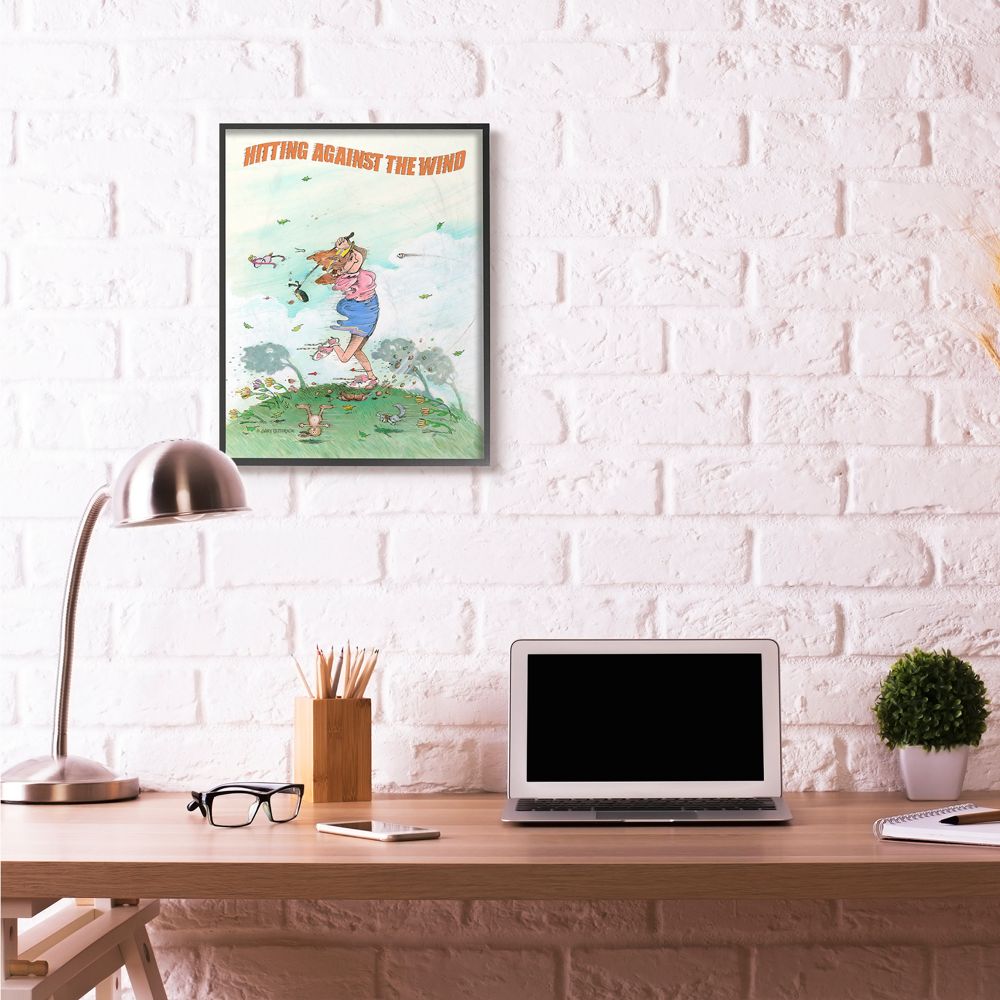 Hitting Against The Wind Funny Golf Cartoon Sports Design XXL Framed Giclee Texturized Art by Gary Patterson
