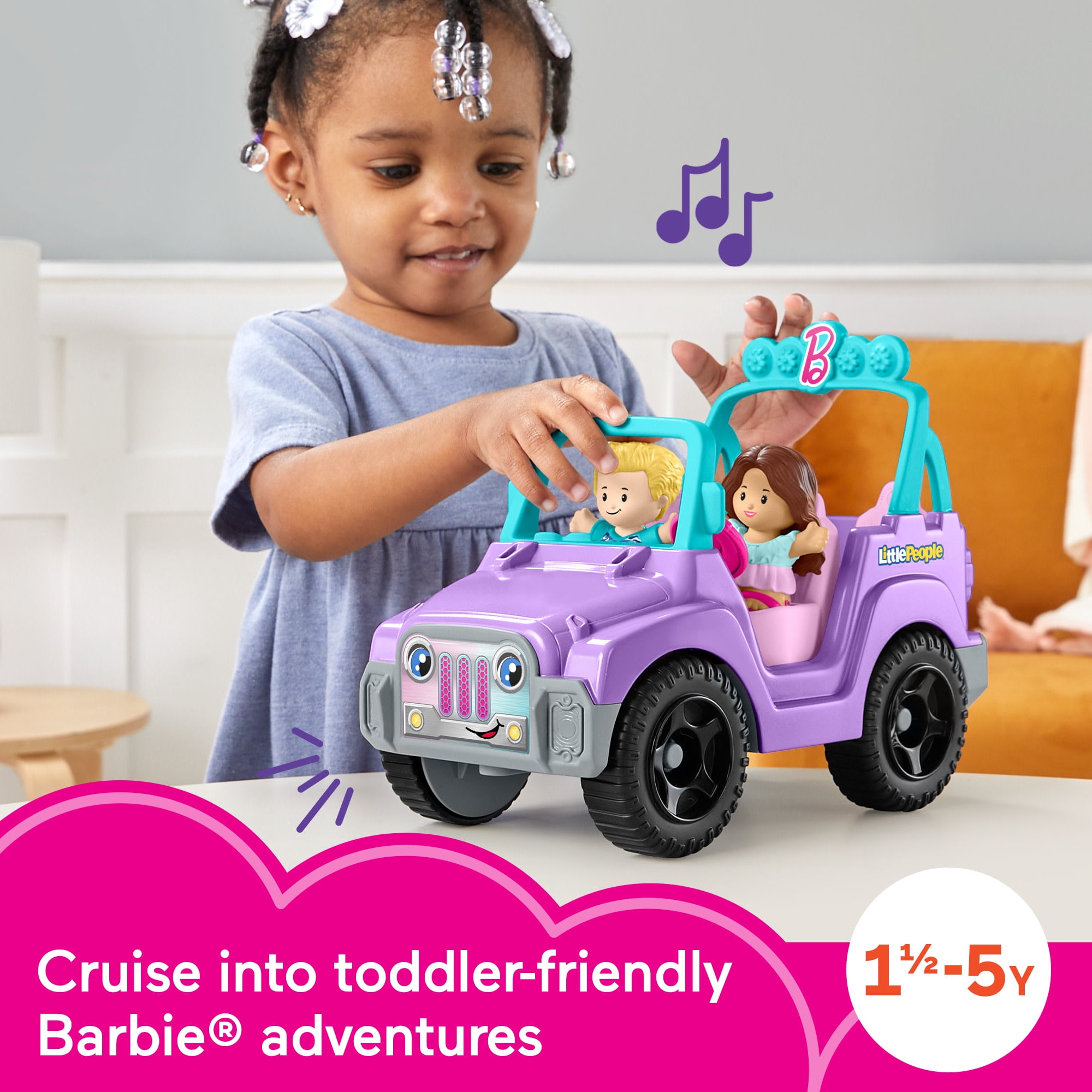 Fisher-Price Little People Barbie Beach Cruiser Toy Car with Music & 2 Figures for Toddlers