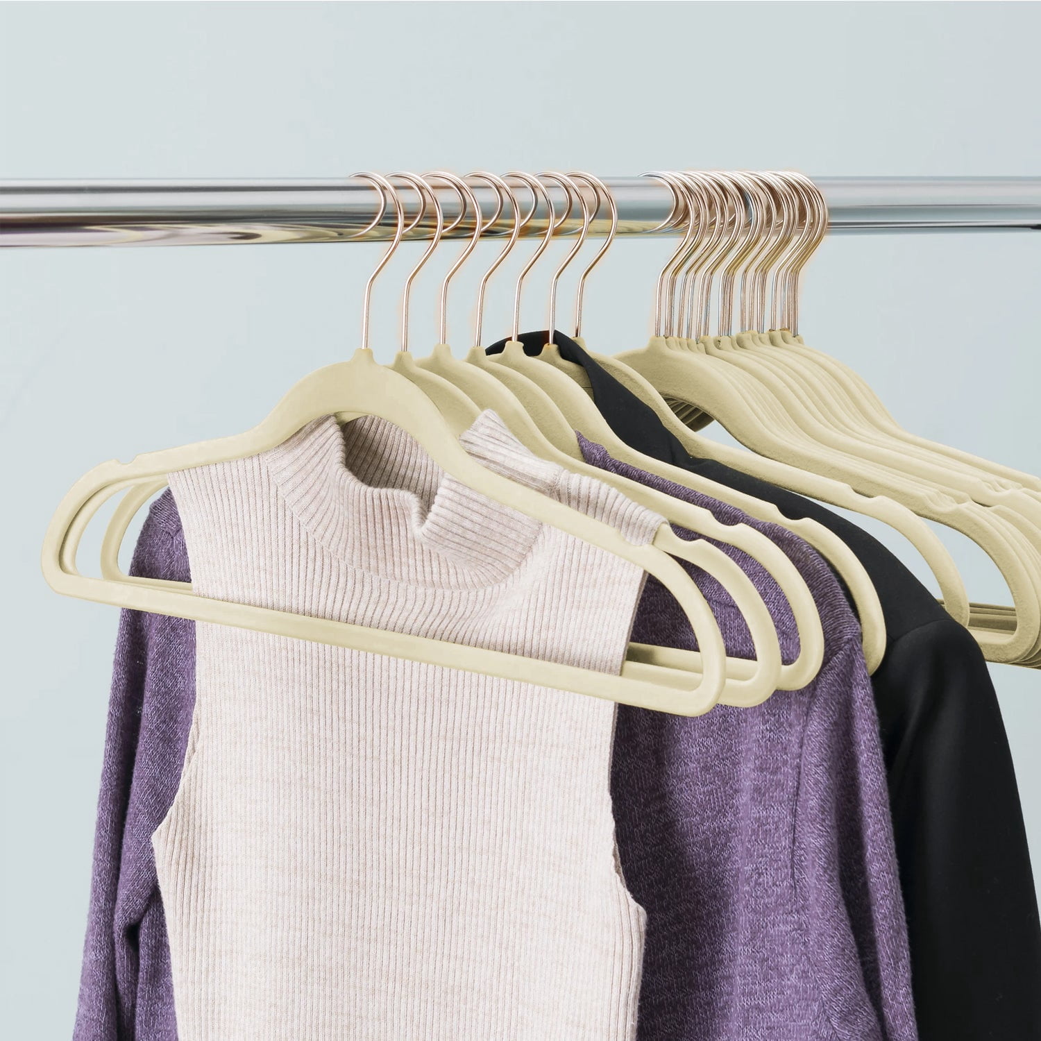 VECELO 100 Pack Velvet Non-Slip Heavy Duty Adult Hangers with 360° Swivel Hook, Ultra-Thin Space Saving Clothes Organizer for Coats Shirts Dresses Closet Storage-Beige