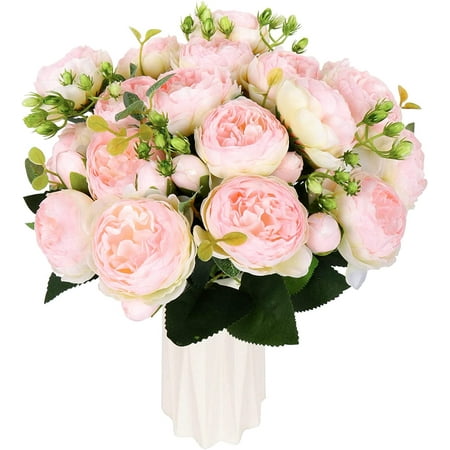 Artificial Peonies Flower Silk Peony Bouquet 4 Bundles Faux Persian Rose with Eucalyptus Leaves for Home Wedding Party Decoration (Light Pink) ?【Packing】: Artificial peony flowers  each bouquet has 5 forks  with 5 large flowers & 4 flower core  eucalyptus leaves and fruits as embellishment. Pack of 4 bouquets.?【Size】: Total length approx 12.5 inch  peony flowers diameter approx 2.7 inch  buds diameter about 1 inch.?【Safety Material】: Natural-looking peony  leaves and flowers are made with silk  fruits is made of plastic. The stem have a wire embedded in the plastic. Easy to bent or cut.?【Lasting Beauty】: This lifelike bouquet never requires water or sunlight  never wilts  never drop leaves  without worrying about long-term care. European design  looks elegant and pretty. Real touch big soft peony flowers  the color is gorgeous and they were nice and full.?【Ocassion】: Easy to match different vases or bottles  so the peony bouquets are suitable for home  table  wedding  party  coffee shop  meeting room decorand anywhere that you want to put.