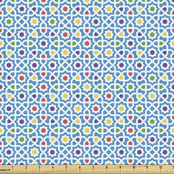 Orient Fabric by the Yard, Continuous Folkloric Pattern with Colorful Eastern Stars Swirling Lines, Decorative Upholstery Fabric for Sofas Home Accents, 10 Yards, Sky Blue Multicolor by Ambesonne