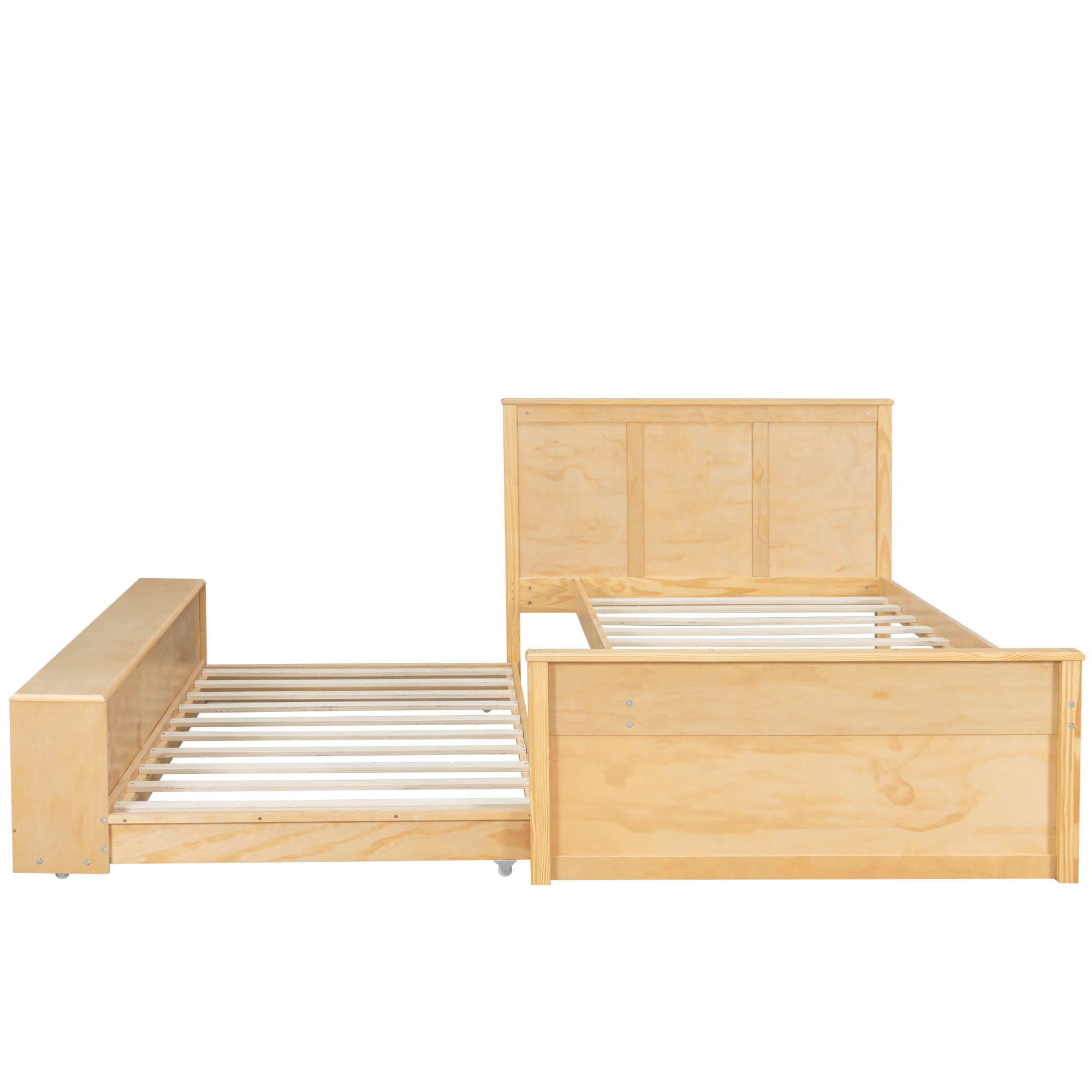 Alvantor Full Bed Frames with Pull Out Trundle, Headboard and Storage Shelves, Natural
