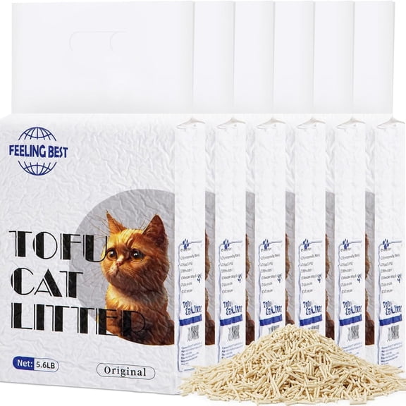 FEELING BEST Tofu Cat Litter 33.6 lb (6-Pack), Natural Unscented Clumping & Flushable Kitty Litter, Low Tracking