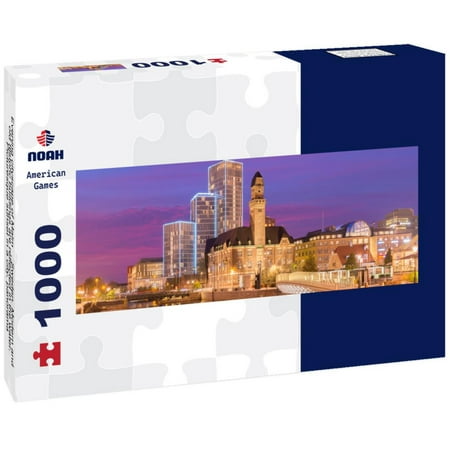 Evening cityscape of Malmö, Sweden. Modern and old historic buildings are reflected in the water. Picturesque sunset in a city, 1000pc Panoramic Puzzle