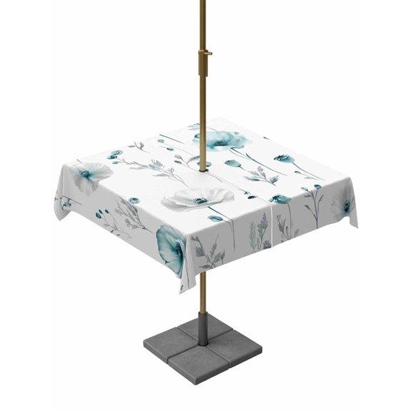 Outdoor Tablecloth with Umbrella Hole, Turquoise Flowers Spillproof Waterproof Outdoor Table Cover, Farmhouse Spring Botanical Floral Patio Tablecloths for Party/Garden/Picnic, Square 54"x54"