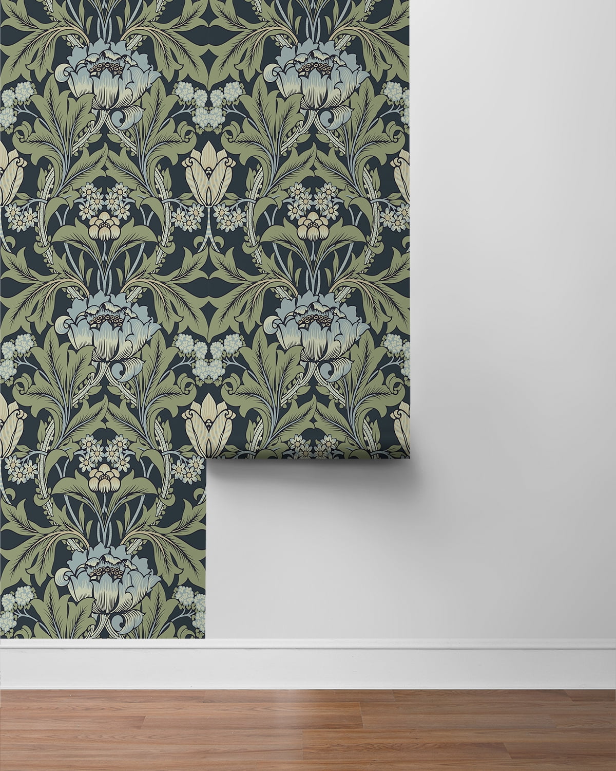 Seabrook Designs Midnight Blue & Sage Primrose Garden Floral Prepasted Wallpaper - 20.9 in. W x 33 ft. Roll