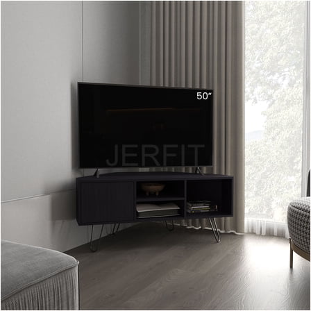JERFIT Lancaster Corner TV Stand for 65 inch TVs, Black MDF Console Table with 2 Storage Cabinets & 2 Shelves, Modern Entertainment Center for Living Room