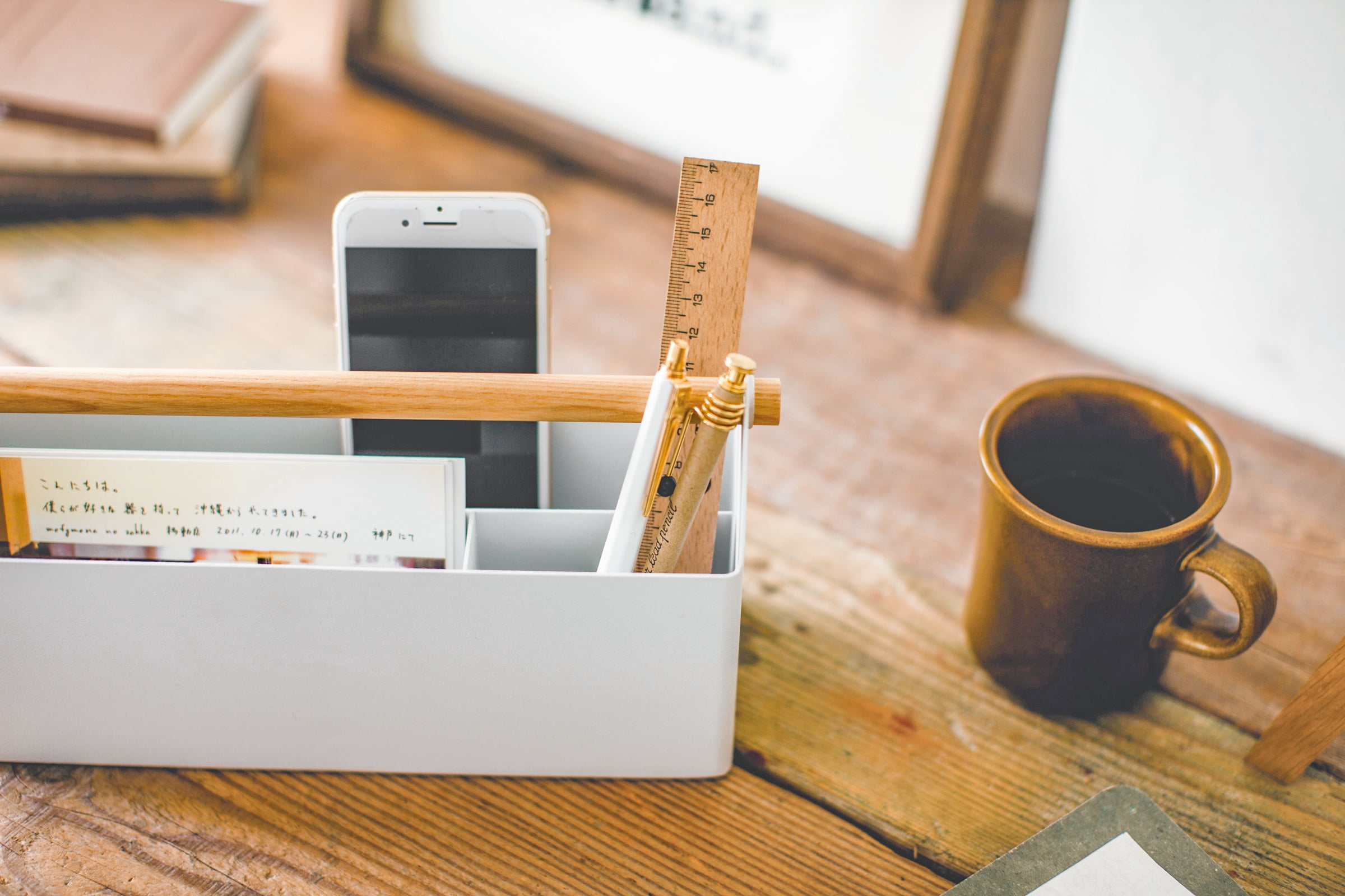 Yamazaki Home Pen + Desk Organizer - Two Sizes, White, Steel + Wood, Caddy, Handles, No Assembly
