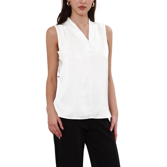 Satin Tank Tops for Women Sleeveless V Neck Business Casual Satin Blouse Work Shirts S White