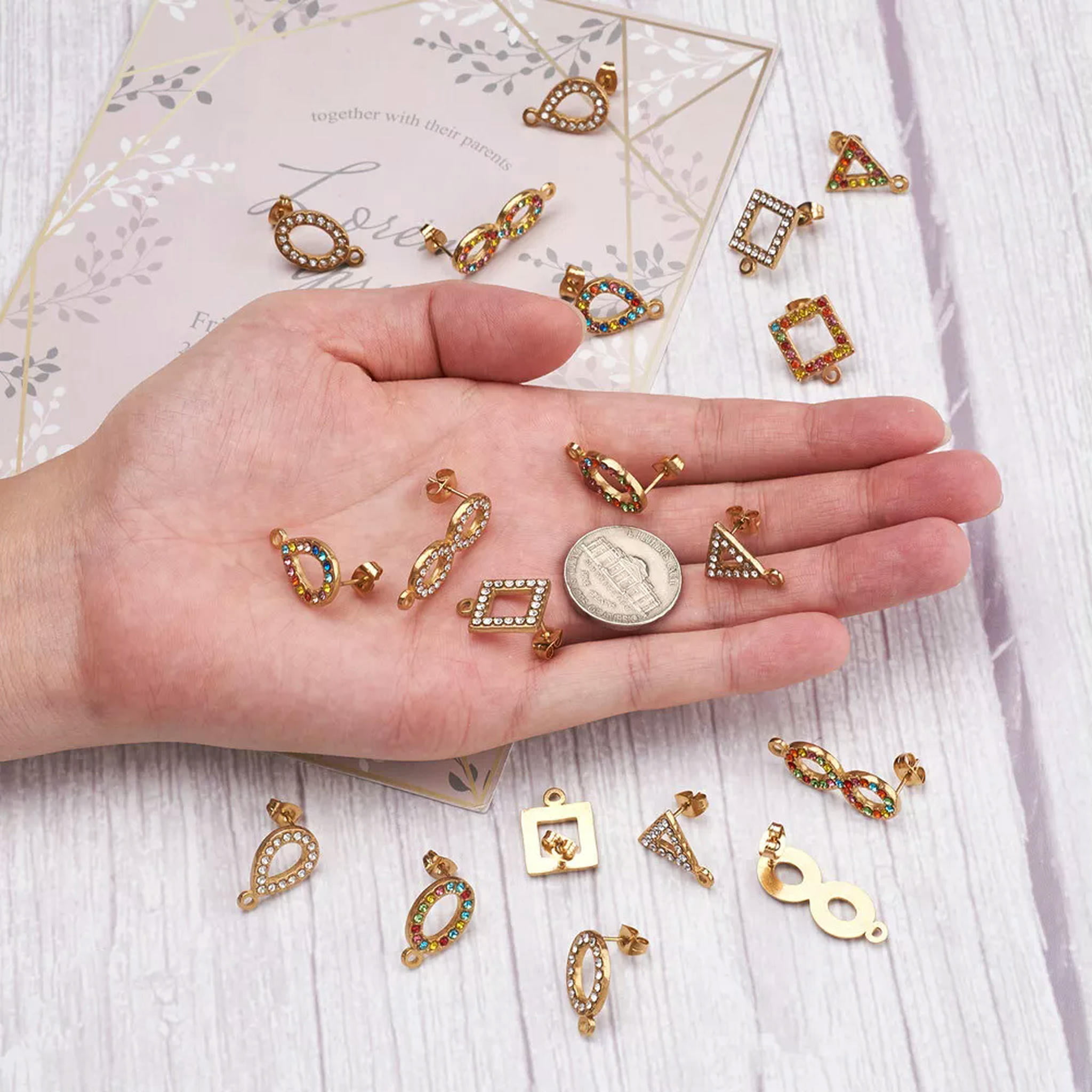 EOEMY 20Pc Geometry 304 Stainless Steel Rhinestone Post Stud Earring With Earring Back