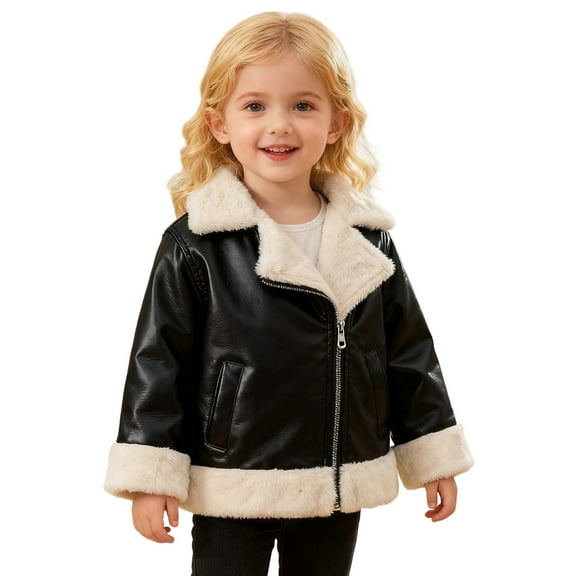 Kids Leather Jacket Long Sleeve Zip up Warm Fleece Lined Coats For Girls With Pockets Winter Clothes