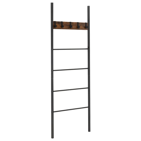 Furnibear Wall-Leaning Blanket Ladder with 5 Hooks, Decorative Blanket Holder Quilt Rack for Living Room Bedroom, Rustic Brown