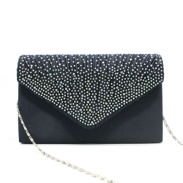 mmirethe Polyester Women Envelope Bag Portable Rectangular Rhinestone Stylish Solid Color Business Handbag Pouch Birthday Gift Dark Blue