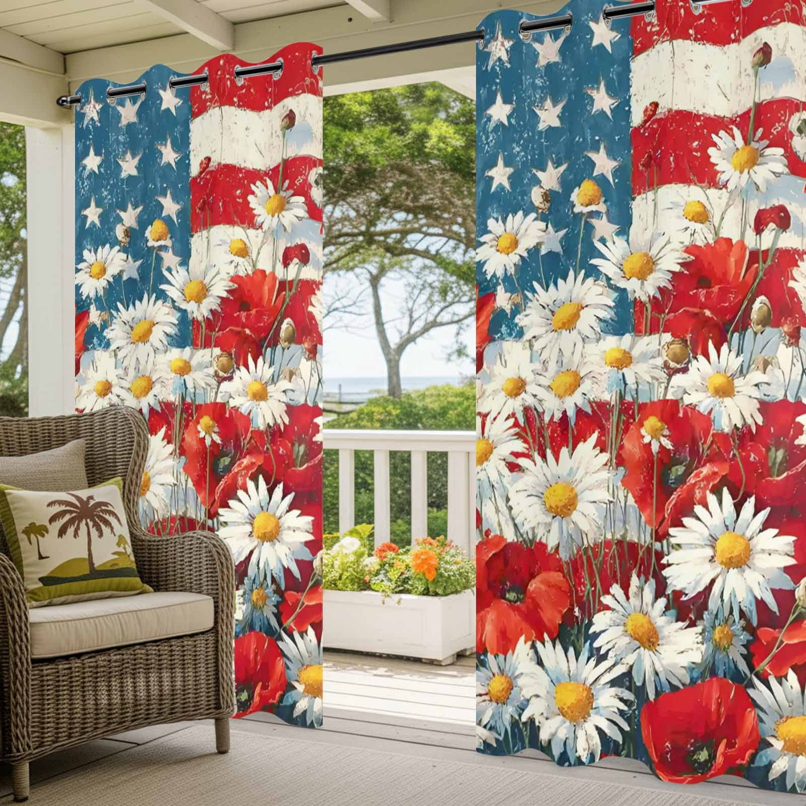 Independence Day Daisy Outdoor Curtains for Patio, Vintage Red Blue Stripe U.S. Flag Flower Leaf Sunshade Privacy Drapes Grommet Waterproof Outside Curtains for Porch/Cabana/Balcony 54"x108", 1 Panel