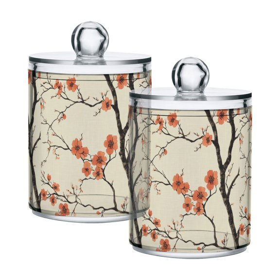 Yayeee 2 Pack Qtip Holder Bathroom Cotton Swab Canister with Lid Clear Dispenser Set, Light Red Flowers