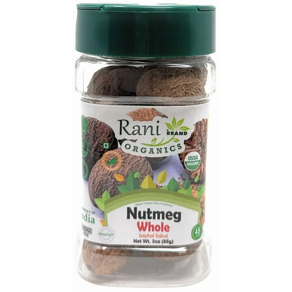 Rani Organic Nutmeg (Jaiphul) Whole Spice, 17-19 Pieces, 3oz (85g) PET Jar ~ All Natural | Vegan | Gluten Friendly | NON-GMO | Kosher | Indian Origin | USDA Certified Organic