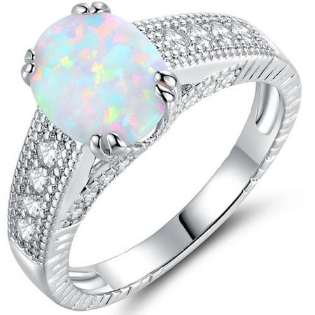 Round White Fire Opal 18k White Gold-Plated Engagement (Best Metal For Engagement Ring)
