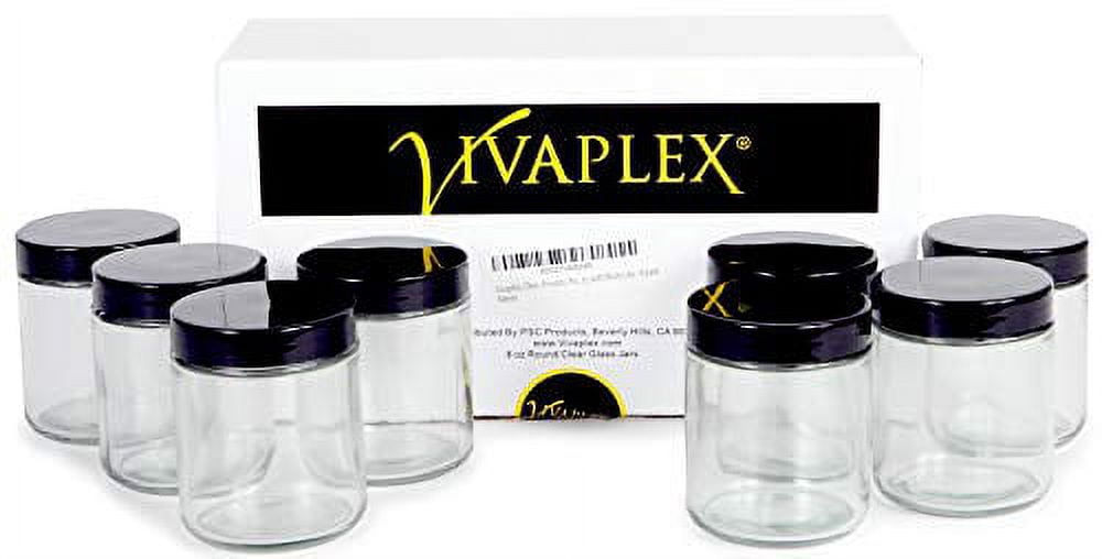 Vivaplex, Clear, 8 ounce, Round Glass Jars, with Black Lids - 8 pack