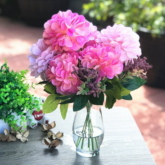 Enova Home Artificial Mixed Pink Purple Dahlia Silk Flowers Arrangement in Glass Vase with Faux Water