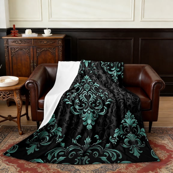 Manfei Teal Baroque Damask Sherpa Blanket 30x40, Hippie Flower Floral Fuzzy Blanket Throw, Vintage Victorian Fleece Blanket, Breathable Bedroom Decorative