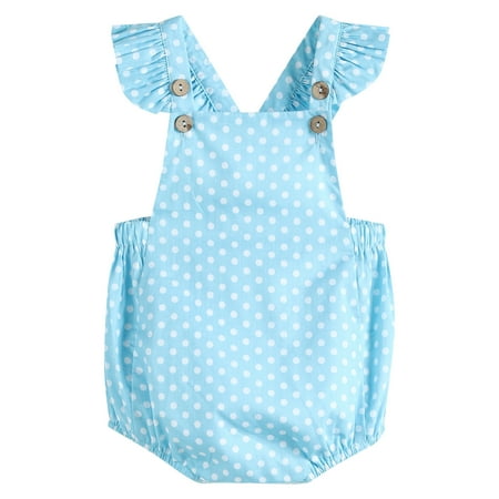 

Lil Cactus Baby and Toddler Girl Sky Blue Dot Button and Bow Bubble Romper