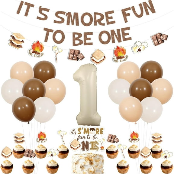 JOYMEMO S'more 1st Birthday Party Decorations - It’s S’more Fun to Be One Banner Cake Topper with Smore Themed Birthday Garland Cupcake Toppers for Boy Girl, Bonfire Camping First Bday Party