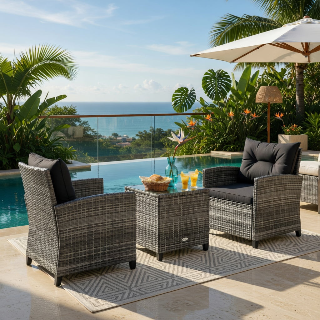 Hommoo 3-Piece Modern Outdoor Wicker Conversation Set, Steel Frame, Tempered Glass Table & Weather-Resistant Cushions, Black