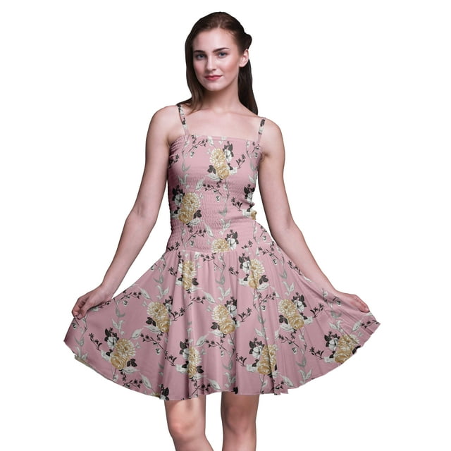 Bimba Haut à Taille Smockée Imprimé Floral pour Femmes Robe de Soleil Mini à Bretelles spaghetti-Grande