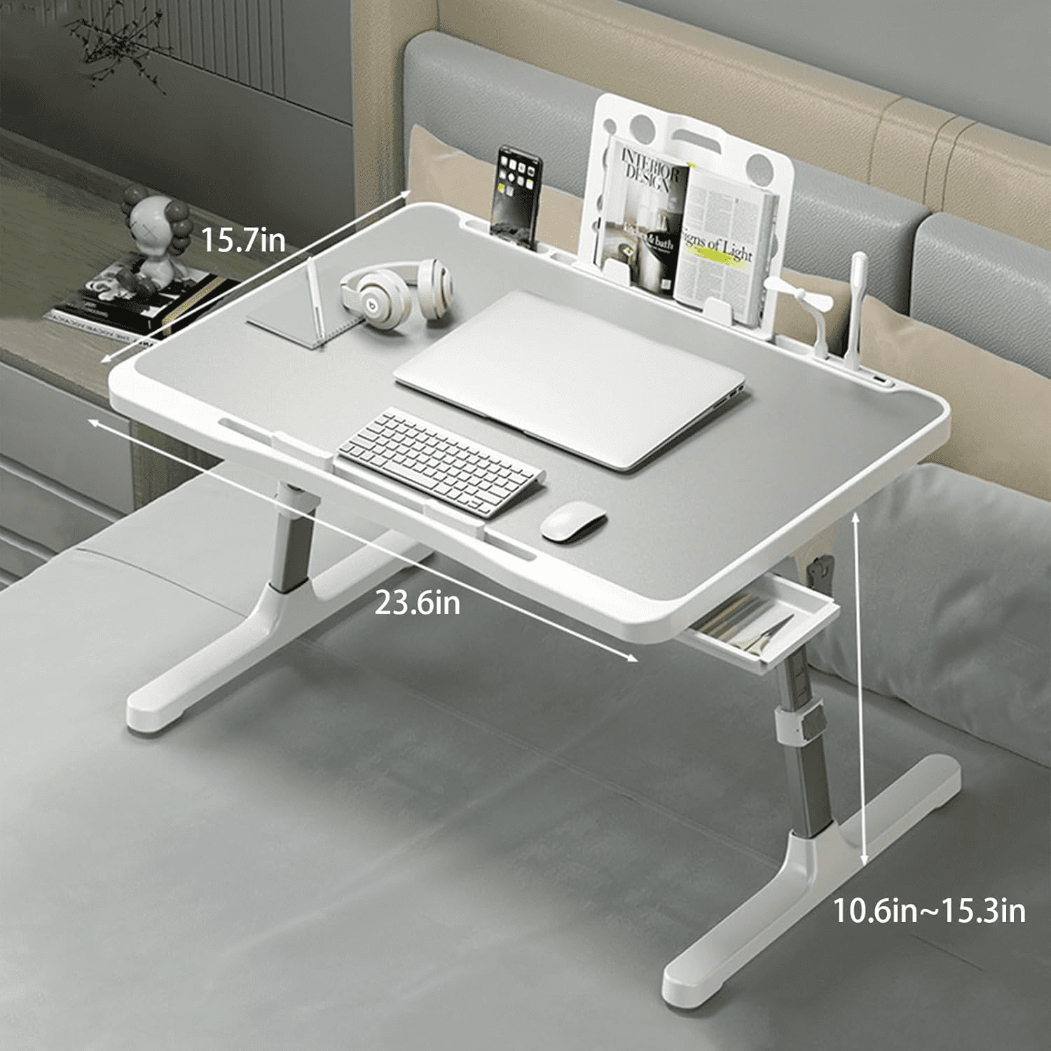 Lap Desk Bed Tray Table, Adjustable Laptop Stand for Bed with USB/ Light/ Fan/ Drawer, Portable Laptop Desk Table for Bed/ Couch/ Sofa/ Reading/ Writing, Bed Trays for Eating And Laptops