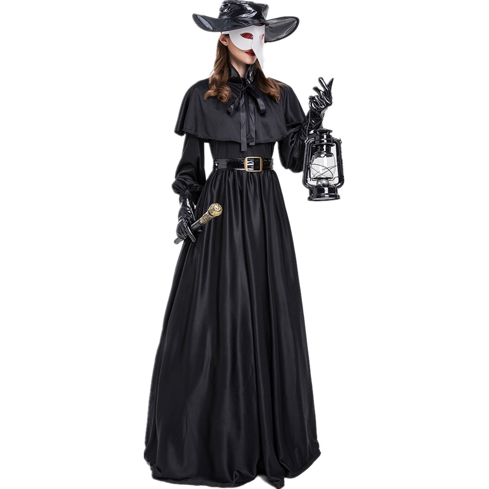 Kiskick Black Floor Length Halloween Cosplay Suit - 1 Set, Pleated Scary  Mysterious Design with Face Cover Belt, Medieval Punk Halloween Party  Costume