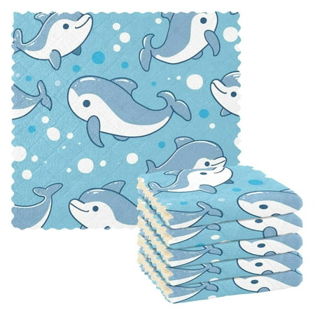 

6 Pieces of Kitchen Towels 11x11Inch Kitchen Dish Cloths Kitchen Dish Towels Reuseable Cleaning Cloths Blue Cartoon Dolphin